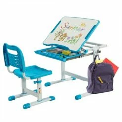 Costway Kids Desk and Chair Set Height Adjustable w/Tilted Tabletop & Drawer Pink/Blue -Outlet Desks Store unnamed file 7292