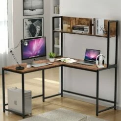 Costway Industrial L-Shaped Desk w/Hutch Bookshelf 55'' Corner Computer Desk Gaming Table