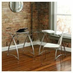 L Shaped Glass and Metal Corner Computer Desk Silver - Saracina Home