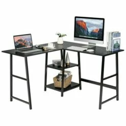Costway L Shaped Corner Computer Desk Study Table w/Storage Shelves Black/Rustic Brown -Outlet Desks Store unnamed file 7433