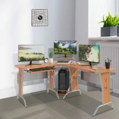 HomCom L-Shaped Corner Computer Office Desk Workstation with Elevated Shelf, Rolling Keyboard Tray, and CPU Stand