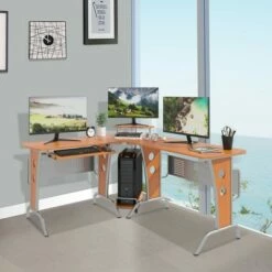 HomCom L-Shaped Corner Computer Office Desk Workstation with Elevated Shelf, Rolling Keyboard Tray, and CPU Stand -Outlet Desks Store unnamed file 7551
