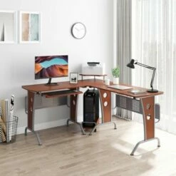 HomCom L-Shaped Corner Computer Office Desk Workstation with Elevated Shelf, Rolling Keyboard Tray, and CPU Stand -Outlet Desks Store unnamed file 7552