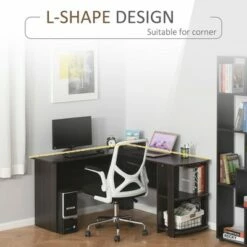 HOMCOM L-Shaped Corner Computer Desk Wood PC Workstation Laptop Table with 2 Storage Shelves Space Saving Home Office Brown -Outlet Desks Store unnamed file 7556