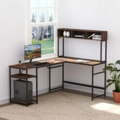 HOMCOM L-Shaped Home Office Desk with Large Tabletop Workspace Bottom Tower Shelf and 3 Cube Shelves Walnut Brown