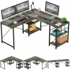 Bestier Industrial Customizable L Shaped Corner or Long Home Office Study Desk w/ Adjustable Shelf, Adaptable Design, and Cable Holes 59.45 Inch Gray