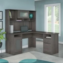 Cabot 60W L Shaped Computer Desk with Hutch - Bush Furniture Modern Walnut