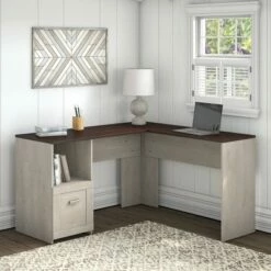 Townhill L Shaped Desk Washed Gray/Madison Cherry - Bush Furniture