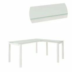 Metal L Shape Desk with Frosted Glass Top and Block Legs White - Benzara -Outlet Desks Store unnamed file 7781
