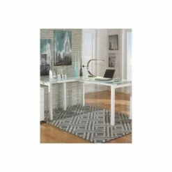 Metal L Shape Desk with Frosted Glass Top and Block Legs White - Benzara -Outlet Desks Store unnamed file 7783