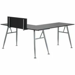 Laminate L - Shape Computer Desk with Frame Finish - Black Laminate Top/Silver Frame - Riverstone Furniture Collection