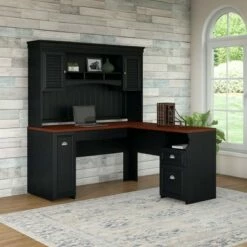 Fairview L Shaped Desk with Hutch Antique Black - Bush Furniture