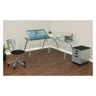 Studio Designs Futura L-Shaped Desk with Adjustable Top - Silver/Blue Glass 5 Studio Designs Futura L-Shaped Desk with Adjustable Top - Silver/Blue Glass - Image 3