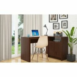 Kalmar L Shaped Office Desk with Inclusive Cabinet - Manhattan Comfort Dark Brown