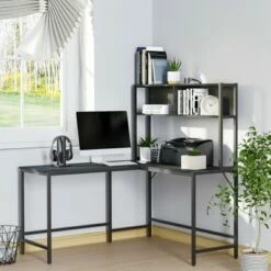 HomCom Metal Framed L-Shaped Computer Desk with Hutch and Storage Shelves -Outlet Desks Store unnamed file 7880