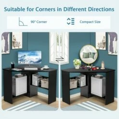Costway Corner Computer Desk Triangle Writing Workstation w/ Storage Shelf WhiteBlack -Outlet Desks Store unnamed file 795