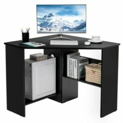 Costway Corner Computer Desk Triangle Writing Workstation w/ Storage Shelf WhiteBlack -Outlet Desks Store unnamed file 799