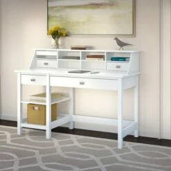Broadview Computer Desk with Open Storage and Desktop Organizer Pure White - Bush Furniture