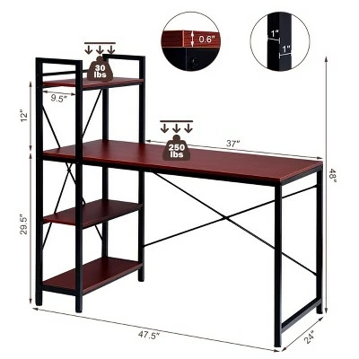 Costway 47.5'' Compact Computer Desk With 4-Tier Storage Bookshelves for Home Office 3 Costway 47.5'' Compact Computer Desk With 4-Tier Storage Bookshelves for Home Office