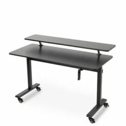Tranzendesk Standing Desk with Attachable Shelf, Front Handle, and Wheels – 55” Sit to Stand Workstation – Black – Stand Steady