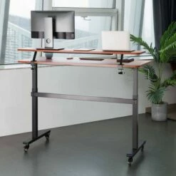 Tranzendesk Standing Desk with Clamp-On Shelf - 55" Sit to Stand Workstation with 55” Monitor Stand - Cherry - Stand Steady -Outlet Desks Store unnamed file 9427