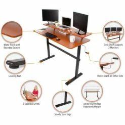Tranzendesk Standing Desk with Clamp-On Shelf - 55" Sit to Stand Workstation with 55” Monitor Stand - Cherry - Stand Steady -Outlet Desks Store unnamed file 9428