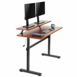 Tranzendesk Standing Desk with Clamp-On Shelf - 55" Sit to Stand Workstation with 55” Monitor Stand - Cherry - Stand Steady -Outlet Desks Store unnamed file 9430