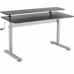 Tranzendesk Standing Desk with Clamp-On Shelf - 55" Sit to Stand Workstation with 55” Monitor Stand - Black with Silver Legs - Stand Steady