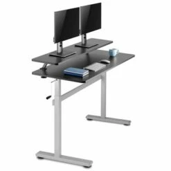 Tranzendesk Standing Desk with Clamp-On Shelf - 55" Sit to Stand Workstation with 55” Monitor Stand - Black with Silver Legs - Stand Steady -Outlet Desks Store unnamed file 9645