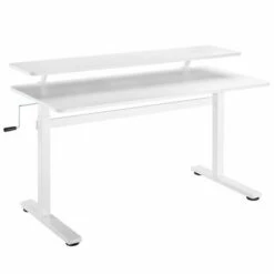 Tranzendesk Standing Desk with Clamp-On Shelf - 55" Sit to Stand Workstation with 55” Monitor Stand - White - Stand Steady