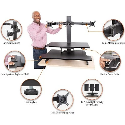 Techtonic Electric 3 Arm Monitor Mount Standing Desk - Sit to Stand Desk Converter with Keyboard Tray – Black – Stand Steady 6 Techtonic Electric 3 Arm Monitor Mount Standing Desk - Sit to Stand Desk Converter with Keyboard Tray – Black – Stand Steady - Image 4