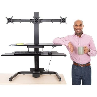 Techtonic Electric 3 Arm Monitor Mount Standing Desk - Sit to Stand Desk Converter with Keyboard Tray – Black – Stand Steady 9 Techtonic Electric 3 Arm Monitor Mount Standing Desk - Sit to Stand Desk Converter with Keyboard Tray – Black – Stand Steady - Image 7