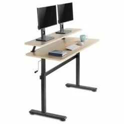 Tranzendesk Standing Desk with Clamp-On Shelf - 55" Sit to Stand Workstation with 55” Monitor Stand – Maple - Stand Steady -Outlet Desks Store unnamed file 9813