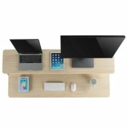 Tranzendesk Standing Desk with Clamp-On Shelf - 55" Sit to Stand Workstation with 55” Monitor Stand – Maple - Stand Steady -Outlet Desks Store unnamed file 9818